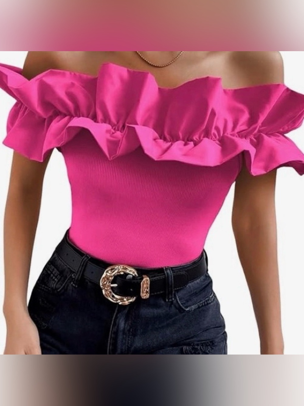 NEW Hot Pink Off-Shoulder Ruffle Trim Blouse Top
